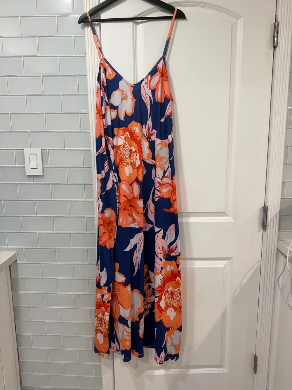 Navy Floral Maxi Dress with Coral & Pink Blooms
